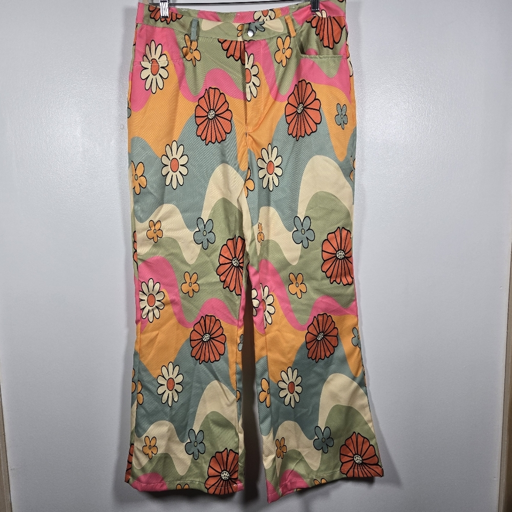 Retro Groovy Hippie Colorful Floral Bell Bottom Pants Size XL Halloween Costume
